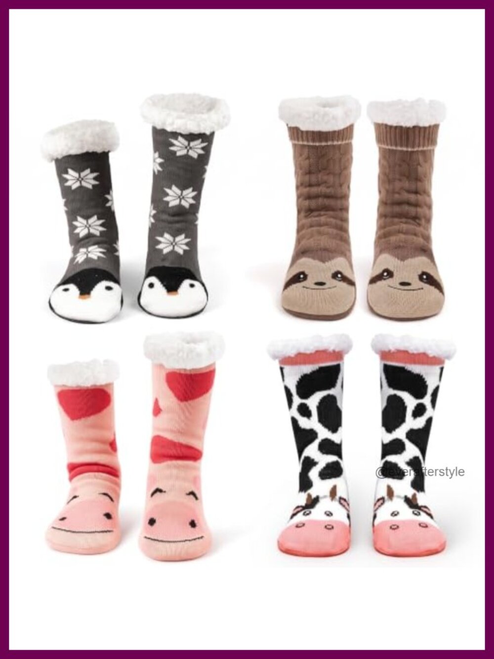 4 Pairs Fuzzy Animal Slipper Socks Non-Slip Gripper Cozy Women Winter Socks